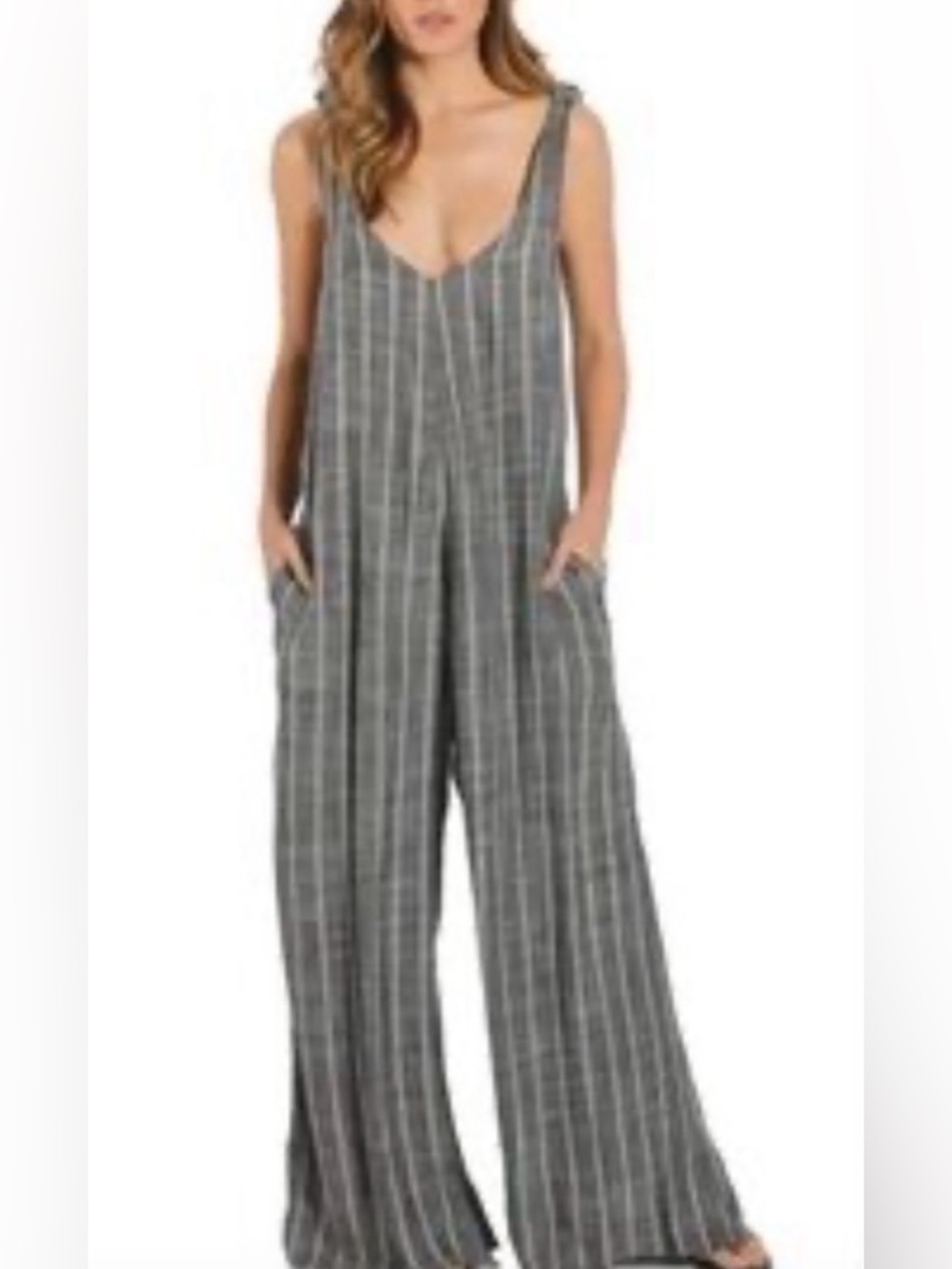 Elan V Neck Linen Tank Gray Striped Wide Leg Jumpsuit with pockets Size M